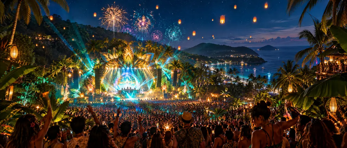 Ilustracja: nocny festiwal wśród palm nad zatoką, fajerwerki i lampiony nad tłumem